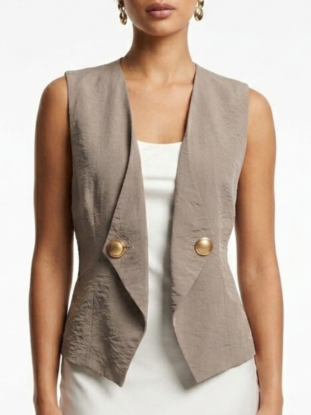 Vintage Korean Avant Garde Asymmetrical Lapel Gold Button Taupe Vest M